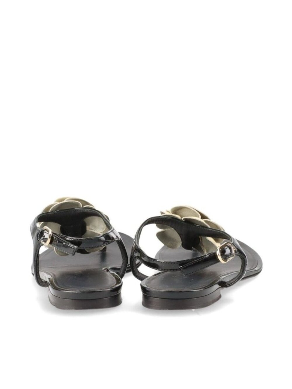 Chanel Coco Mark Camellia Patent Leather Sandals 35 C Black And Ivory - Picture 7 of 15